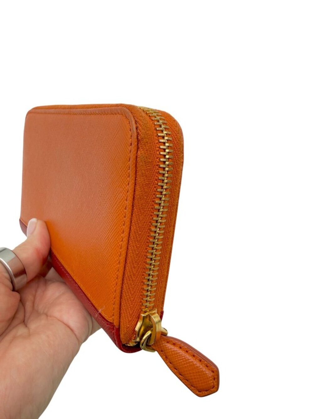 Prada Orange/Red Saffiano Leather Bicolor Zip Around Wallet featuring a gold log - Picture 12 of 12